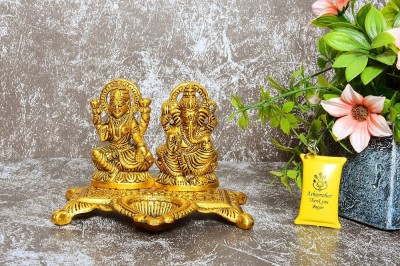Ashamohar Metal Laxmi Ganesh Idol with Diya and for Pooja Home and Office for Diwali Gift Gold Decorative Showpiece  -  11 cm(Metal, Gold)