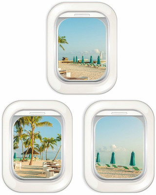 CVANU 56 cm Umbrella Sea Beach Mock Window View Wall Sticker Decal for Home Decoration Items Rectangular-Shape_C13 Self Adhesive Sticker(Pack of 3)