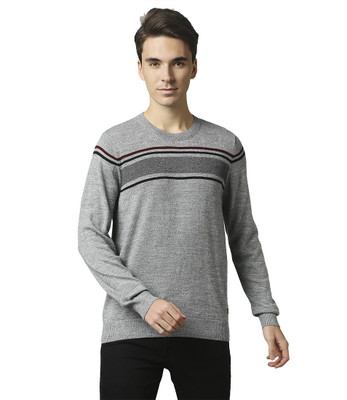 Raymond Striped Round Neck Casual Men Grey Sweater