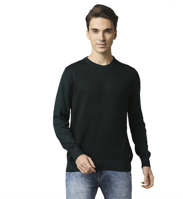 Raymond Self Design Round Neck Casual Men Dark Green Sweater