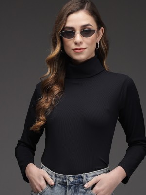 TANDUL Solid Turtle Neck Casual Women Black Sweater