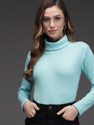 TANDUL Solid High Neck Casual Women Blue Sweater