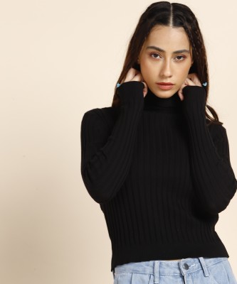 French Connection Self Design Turtle Neck Casual Women Black Sweater