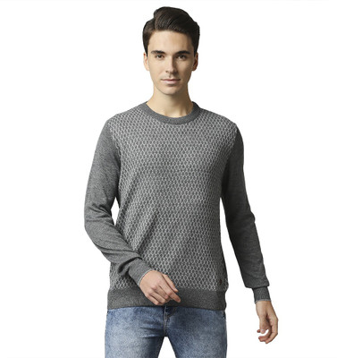 Raymond Self Design Round Neck Casual Men Grey Sweater