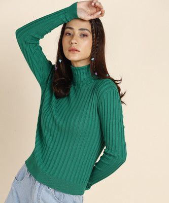 French Connection Self Design Turtle Neck Casual Women Green Sweater