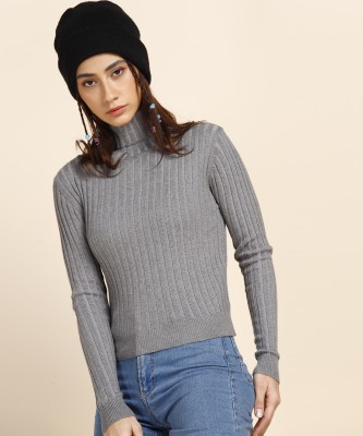 French Connection Self Design Turtle Neck Casual Women Grey Sweater