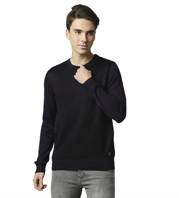 Raymond Self Design Round Neck Casual Men Blue Sweater