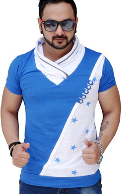 Black Collection Self Design Men V Neck Blue T-Shirt