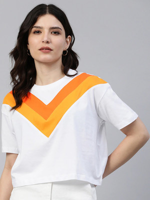 JUNEBERRY Casual Short Sleeve Color Block Women White Top