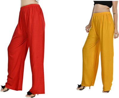 LETZ DEZINE Relaxed Women Yellow, Red Trousers