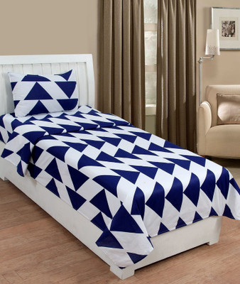 AJM 120 TC Polyester Single Geometric Flat Bedsheet(Pack of 1, White, Neavy Blue)