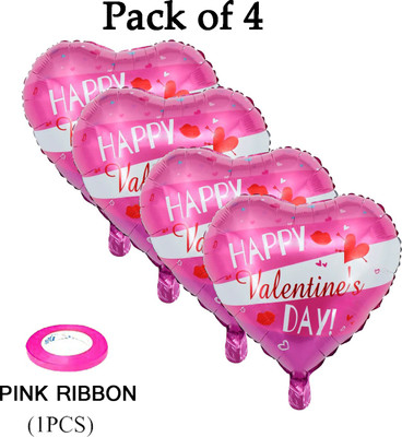 AMFIN (Pack of 4) Happy Valentine's Day Heart Shape Foil Balloon Bouquet & Curling Ribbon for Valentines Party Decorations / Valentine Decoration Items for Room - Pink and White(Set of 4)