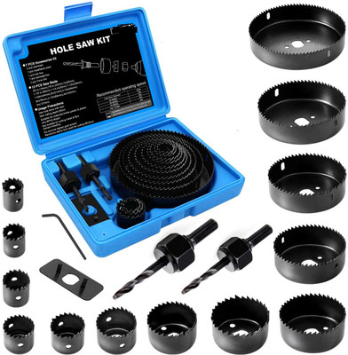 Gadariya King Heavy qualityHole Saw Kit for Wood- 16 Pieces 3/4’’-5’’ Full Set in Case with 1pcs Hex Key, 2pcs Mandrels and 1pcs Install Plate for PVC Board Plastic Plate Drilling Drywall and Soft Wood Rotary Bit Set (16 Bits) Wood Cutter