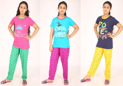 pink you fashion Kids Nightwear Girls Printed Cotton Blend(Multicolor Pack of 3)