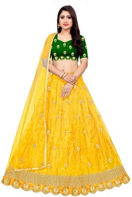 1 CARAT FASHION Embroidered Semi Stitched Lehenga Choli(Green, Yellow)