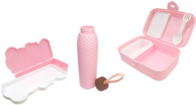 Kotak Sales Kids Lunchbox 600ML Dip 120ML Compass Water Bottle 500ML Sets Container Food Grade Carrying Snacks, Stationery, Water, Juices with 2 IN 1 Spoon Fork Birthday Party Return Gift (Pink) 2 Containers Lunch Box(600 ml)