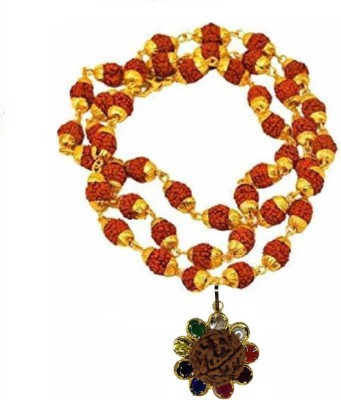 LETNIX Religious Jewellery 5 Mukhi Black Natural Rudraksha Mala With Natural Navratan Gomti 5 Mukhi Rudraksha Pendal Gold Plated Brass, wood For Mens And Womens Gold-plated Brass Locket