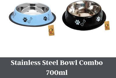 Foodie Puppies Stainless Steel Combo Offer Paw Bone Printed Sky Blue And Night Black Food Water Feeding Bowl for Dogs & Puppies (Medium, 700ml Each) Round Steel Pet Bowl(700 ml Black, Blue)