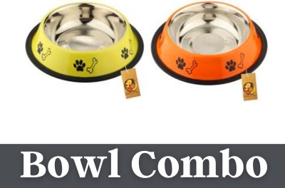 FOODIE PUPPIES Stainless Steel Combo Offer Paw Bone Printed Fiery Orange And Vibrant Yellow Food Water Feeding Bowl for Dogs & Puppies (Medium, 700ml Each) Round Steel Pet Bowl(700 ml Orange, Yellow)