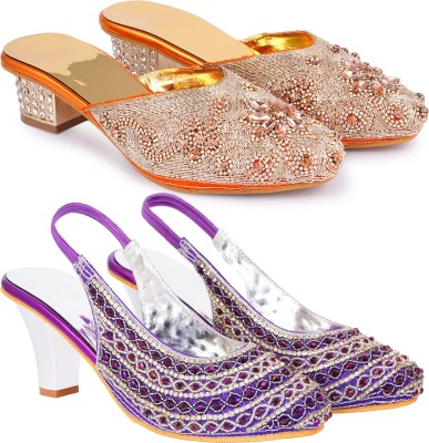 Zionk Women Heels(Orange, Purple , 7)