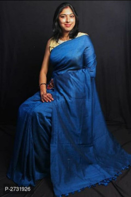 matri textile Solid/Plain Bandhani Cotton Blend Saree(Blue)