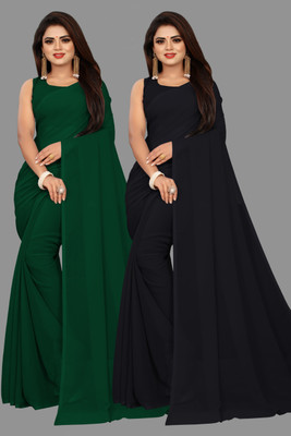 V And V Shop Solid/Plain Bollywood Georgette Saree(Pack of 2, Green, Black)