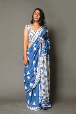 hastshilpi Printed, Color Block, Blocked Printed, Dyed, Floral Print Daily Wear Pure Cotton Saree(Blue)