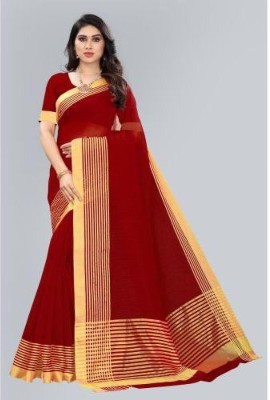 BHAGYAVATI DESIGNER Striped Daily Wear Cotton Blend Saree(Maroon)