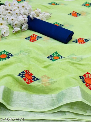 ShiVAdit Ethnic Embroidered Kanjivaram Cotton Linen, Pure Silk Saree(Light Green)