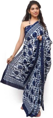 NIKHILAM Floral Print Handloom Pure Cotton Saree(White, Blue)