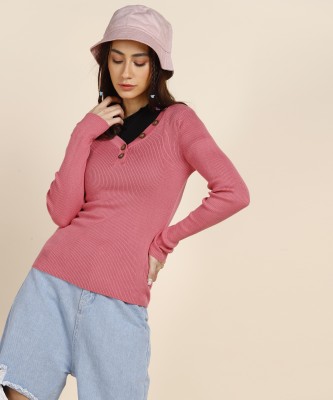 French Connection Striped V Neck Casual Women Pink Sweater