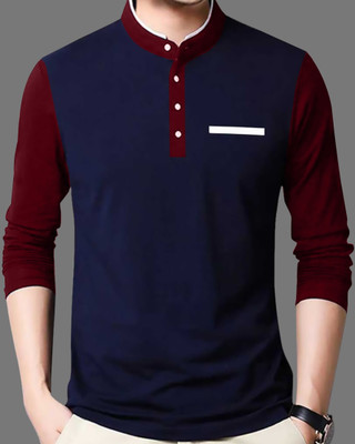 FastColors Solid Men Mandarin Collar Dark Blue, Maroon T-Shirt
