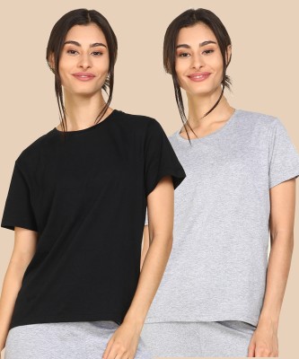 Young trendz Solid Women Round Neck Black, Grey T-Shirt