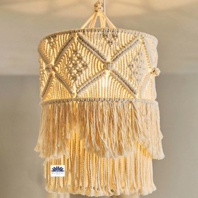 Waterlily House Macrame Lampshade Lamp Cotton Rope Ceiling Pendant Modern Woven Long Tassel Hanging Handmade Chic for Nursery.(Size:25 cm,50 cm 9.84 inch,19.69 inch) White Tapestry(Beige)