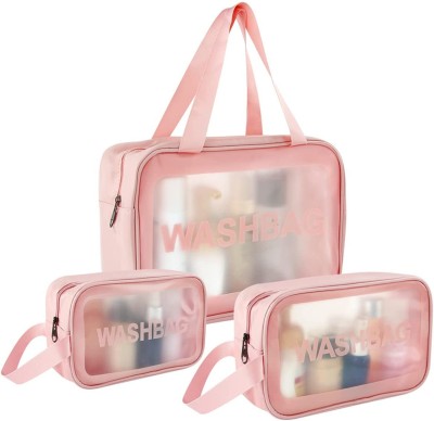 Anayo Frosted Waterproof Cosmetic Bag Clear Toiletry Bags Travel Organizer Pouch PVC Zippered Storage Washbags for Men & Women - Set of 3 Makeup and Jewellery Vanity Box(Pink)