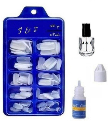 J & F Arylic Fake Nails Empress Curve Artificial Nails With Glue Bottle And Transparent Nail Paint ( Top Coat ) white nails(Pack of 100)