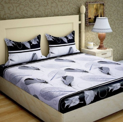 STITCHINGUP 144 TC Microfiber Double Printed Flat Bedsheet(Pack of 1, White & Grey)