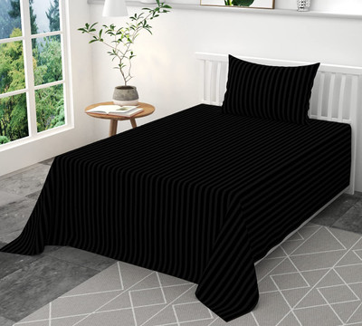 CASTIQA 210 TC Satin Single Striped Flat Bedsheet(Pack of 1, Black)