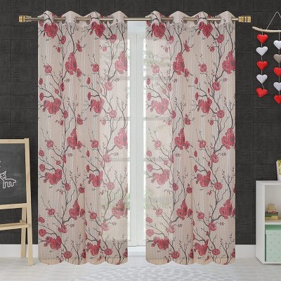 Waco creation 213.36 cm (7 ft) Net Semi Transparent Door Curtain (Pack Of 2)(Printed, White,Red)