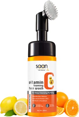 SAAN Life Science Brightening Vitamin C Foaming Face wash with Built-In Face Brush for deep cleansing - No Parabens, Sulphate, Silicones & Color Face Wash(160 ml)