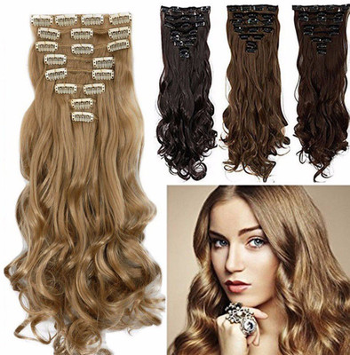 EASYOUNG 6 Pieces set 14 Clips Based 24 inch CURLY Wavy Synthetic Fiber  Extension (Dark Brown) Hair Extension