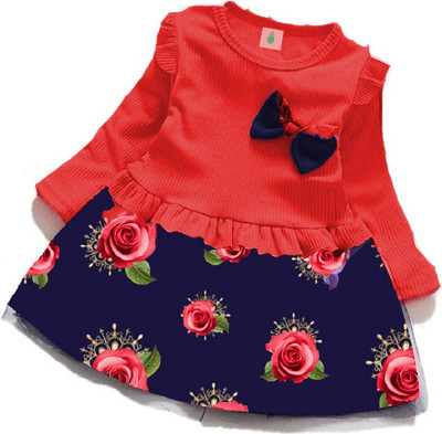 Gunatit Girls Midi/Knee Length Casual Dress(Red, Full Sleeve)