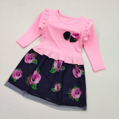 Bhavya Fashion Girls Midi/Knee Length Casual Dress(Pink, Full Sleeve)