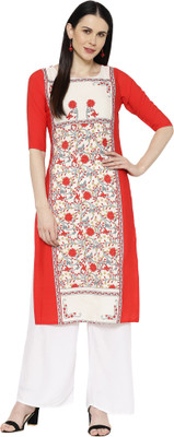 EthnicBasket Women Floral Print Straight Kurta(Red)