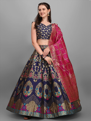 PURVAJA Solid Semi Stitched Lehenga Choli(Dark Blue)