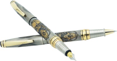 auteur Divine Collection Golden Color , Blessings Of Goddess Laxmi Beautifully Engraved On Brass Body , Dual Tone 2 Pcs Medium Nib Fountain Ink Pen & German Blue Ink Refill Roller Ball Pen Gift Set(Pack of 2, Blue)