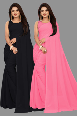 V And V Shop Solid/Plain Bollywood Georgette Saree(Pack of 2, Black, Pink)