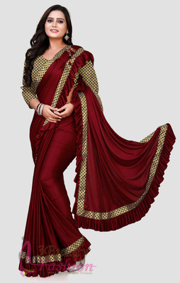3Buddy Fashion Woven, Solid/Plain Bollywood Lycra Blend Saree(Red)