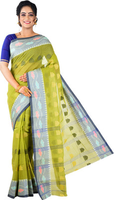 Avik Creations Printed Tant Handloom Cotton Blend, Pure Cotton Saree(Light Green)