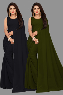V And V Shop Solid/Plain Bollywood Georgette Saree(Pack of 2, Green, Black)